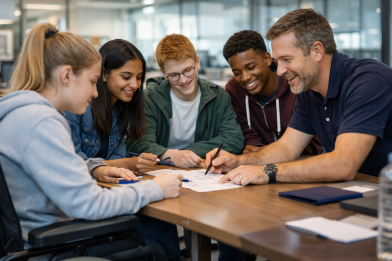 Inclusive group of secondary school students, including a wheelchair user, taking part in a work experience activity with an employer mentor.