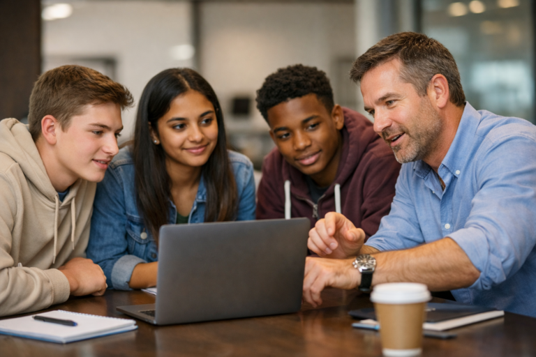 Students speaking with an employer during a modern work experience activity in a workplace setting.