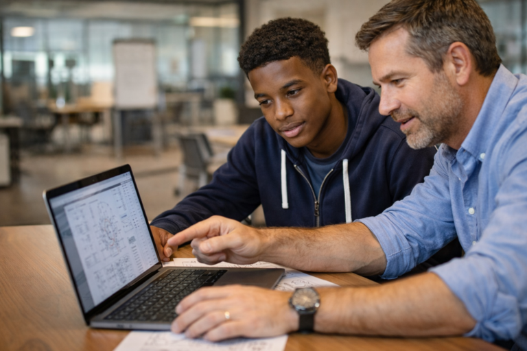 Student working with an employer mentor on a real task during a meaningful work experience placement.