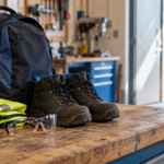 School backpack beside a hi-vis vest and safety boots on a workshop bench, ready for a work experience placement